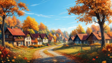 A picturesque autumn scene featuring a village with houses surrounded by vibrant trees and a winding road under a clear blue sky.の素材