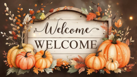A festive welcome sign surrounded by pumpkins, autumn leaves, and decorative foliage, perfect for seasonal greetings and fall-themed decor.の素材