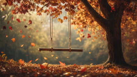 A rustic wooden swing hangs from a large tree branch amidst a carpet of fallen autumn leaves, with golden sunlight filtering through the foliage.の素材