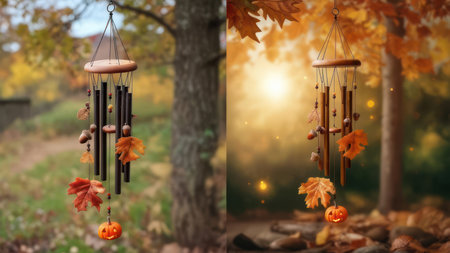 Decorative wind chimes adorned with autumn leaves and small pumpkins hang from tree branches in a serene outdoor setting during fall.の素材