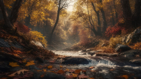 A tranquil stream flows through an autumn forest, with colorful leaves and dappled sunlight creating a peaceful scene.の素材