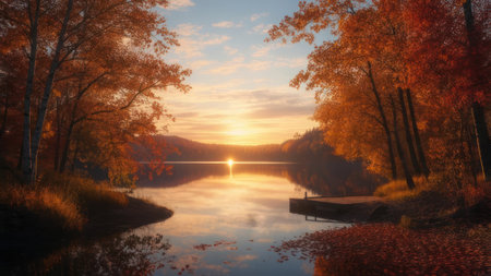 A stunning autumn landscape featuring a lake reflecting the warm hues of a sunset, surrounded by trees with colorful foliage.の素材