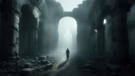 A lone person ventures into a dimly lit, ancient structure with crumbling pillars and an arched opening ahead.の素材