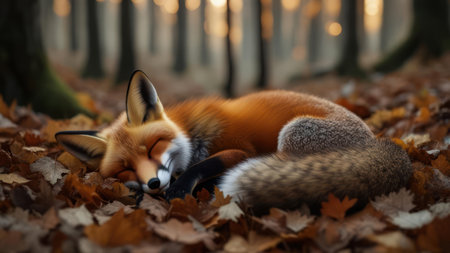 A beautiful red fox is curled up and sleeping soundly on a carpet of fallen autumn leaves in a serene forest setting.の素材