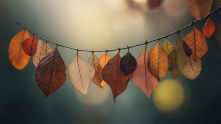 A string of vibrant autumn leaves creates a charming garland, showcasing the rich colors and delicate textures of the season against a soft, blurred background.の素材