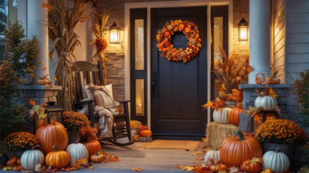 A cozy autumn porch decorated with pumpkins, a wreath, and fall foliage, creating a warm and inviting seasonal display for the home.の素材