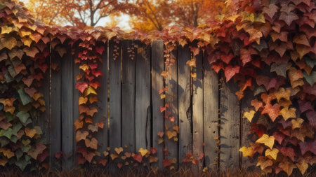 A rustic wooden fence is beautifully adorned with vibrant autumn leaves in shades of red, orange, and yellow, bathed in warm sunlight.の素材
