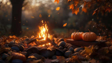 A cozy autumn scene featuring a crackling campfire surrounded by colorful leaves, with pumpkins resting nearby as leaves gently fall from the trees.の素材