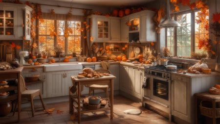 A warm, inviting kitchen adorned with autumn decorations, featuring pumpkins, gourds, and fall foliage, creating a festive and cozy atmosphere.の素材