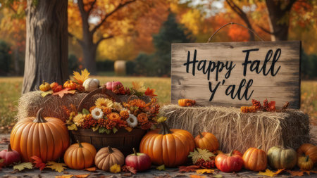 A vibrant autumn scene featuring pumpkins, hay bales, and a rustic sign that reads Happy Fall Yall, set against a backdrop of colorful fall foliage.の素材