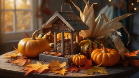 A warm and inviting autumn scene featuring a collection of vibrant orange pumpkins, colorful fallen maple leaves, and a charming decorative lantern, all arranged artfully on a rustic wooden table, evoking a cozy seasonal atmosphere.の素材
