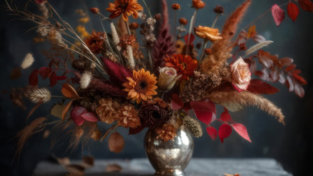 A rich and textured bouquet of dried flowers and foliage in warm autumn colors, presented in a gleaming metallic vase against a dark background.の素材