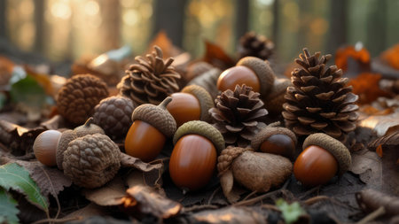 A close-up shot of acorns and pine cones scattered on a forest floor, showcasing the textures and colors of fall.の素材