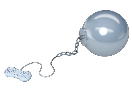 Consequences of computer games,joystick with fetters on a white backgroundの写真素材