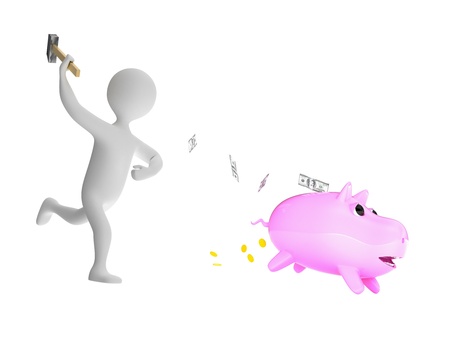 A pink money-box escapes from character with a hammerの写真素材