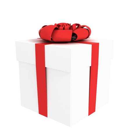 wrapped gift box with red tape isolated on whiteの写真素材