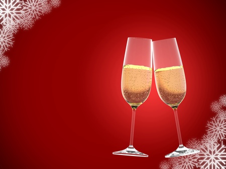 champagne glasses on a red background with snowflakesの写真素材