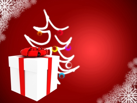 christmas tree and present on red background with snowflakesの写真素材