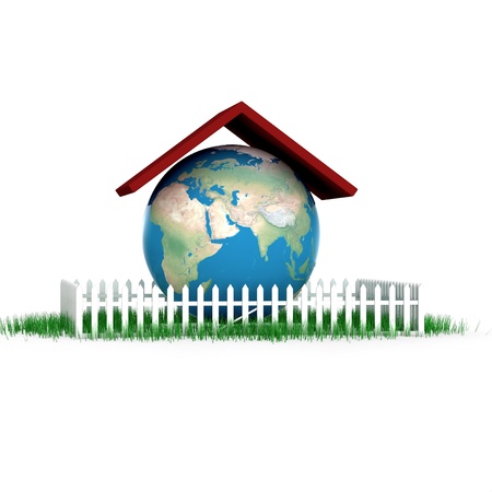 earth under the roof on white backgroundの写真素材