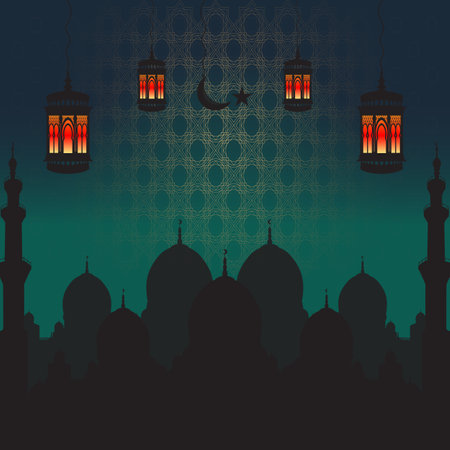 Ramadan vector greeting card with silhouette of mosque, lantern, stars and moon. Seamless background. Ramadhan month. Design concept for Muslim holidays.のイラスト素材