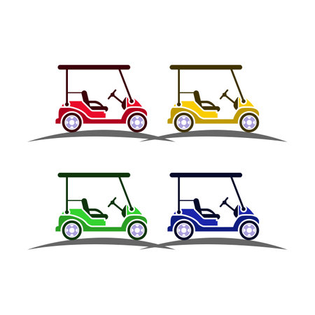 Golf cart vector icon in red, yellow, green and blue colors. Vector flat golf cart icon symbol sign.のイラスト素材