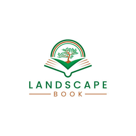 Book, tree and rainbow logo design inspiration, Book, tree and rainbow logo design illustration vector template. Landscape book symbol with tree and rainbow.のイラスト素材