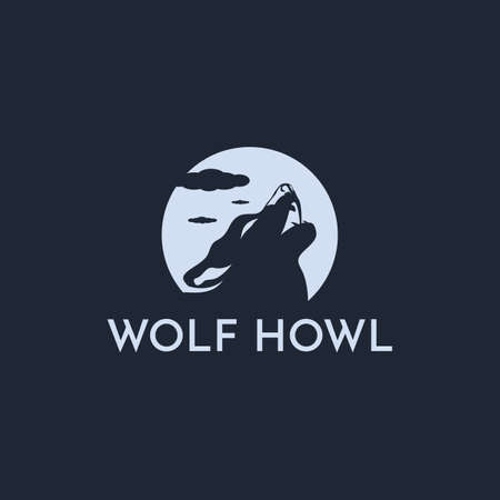 Howling Wolf Head Logo Template Vector with Moon and Clouds.のイラスト素材