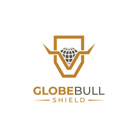 Shield logo design, bull's head with globe, suitable for finance, banking, brokerage, investor, investment and other business.のイラスト素材