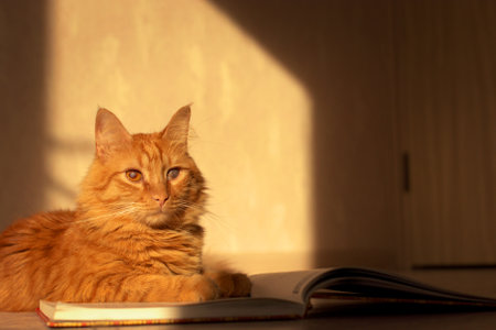 A cute red-haired cat with an eye disease basks in the sun, folding his paws on an open book, selective focuの写真素材