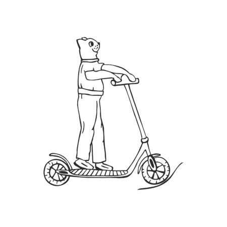 cartoon cat on electric scooter. eps10 vector illustration. hand drawing.のイラスト素材