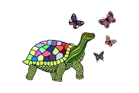 illustration of cartoon turtle and butterflies. hand drawingのイラスト素材