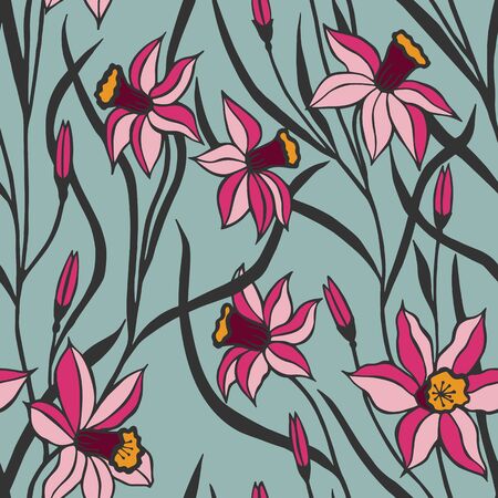 Daffodil flowers seamless pattern. eps10 vector illustration. hand drawingのイラスト素材