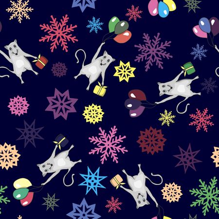 Merry Christmas! Christmas seamless pattern, a rat flies on balls with a gift in his hands. hand drawing. vector illustration eps10.のイラスト素材