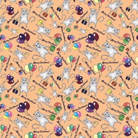Merry Christmas! Christmas seamless pattern, a rat flies on balls with a gift in his hands.のイラスト素材