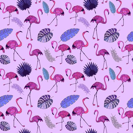 tropical leaves and pink flamingos seamless pattern. eps10 vector illustration. hand drawingのイラスト素材