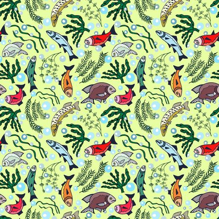 Seaweed, fish and bubbles seamless pattern. eps10 vector illustration.のイラスト素材