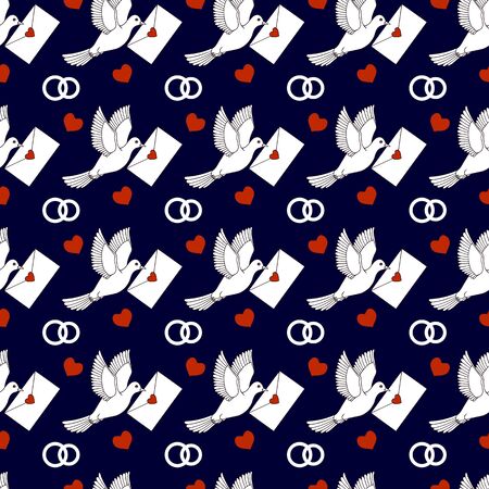 seamless pattern. pigeons fly with an envelope in their beak. wedding card.のイラスト素材