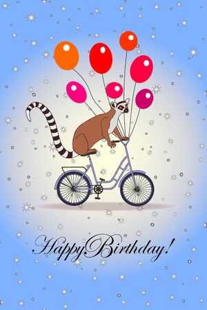 Happy Birthday! - card. lemur on a bicycle. balloons. eps10 vector stock illustration. hand drawing.のイラスト素材
