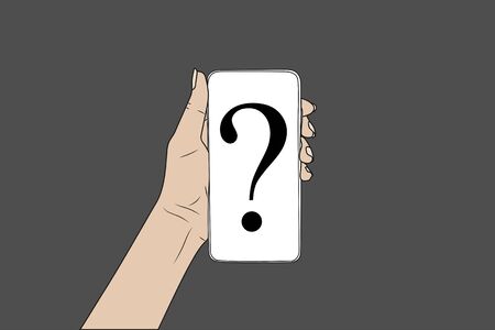 Question mark. female hand holds a smartphone. eps10 vector stock illustration.のイラスト素材