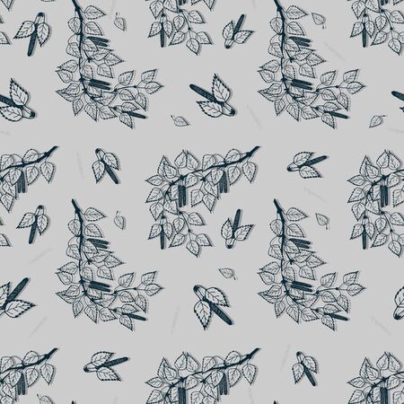 seamless pattern. Birch tree branch with leaves and buds.のイラスト素材