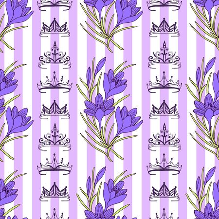 Seamless pattern of tiaras, crowns and crocus flowers.のイラスト素材