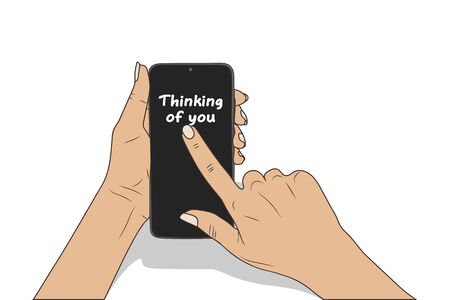 Thinking of you. female hands hold a smartphone, finger points.