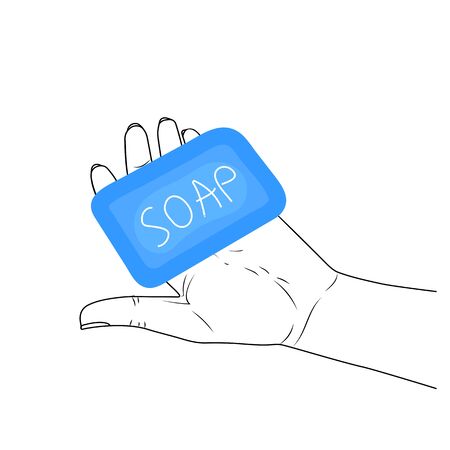 the female hand holds soap of blue color.のイラスト素材