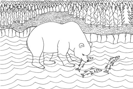 Polar bear is fishing. Coloring book. eps10 vector stock illustration. hand drawing. outlineのイラスト素材