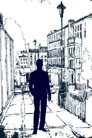 graphic drawing of a city, street cars. Vector stock illustration eps 10. Male silhouette in suit. Hand drawing.のイラスト素材