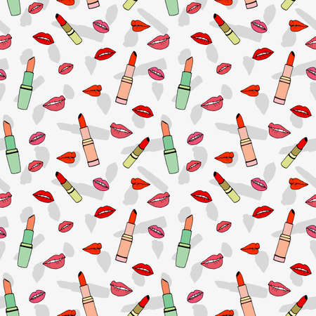 Seamless pattern.Fashionable set of lipsticks and lips. Vector stock illustration.のイラスト素材
