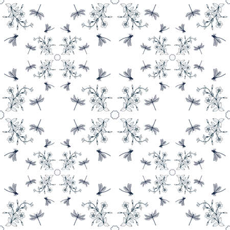 Seamless pattern of dragonflies and periwinkle flowers. Vector stock illustrationのイラスト素材