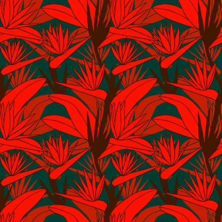 Strelitzia tropical flowers seamless pattern. Vector stock illustration.のイラスト素材