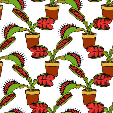 Plant seamless pattern Venus flytrap, Dionea. Vektor stock illustration.のイラスト素材