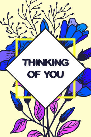 Thinking of you card. Frame made of decorative blue flowers Vector stock illustration.のイラスト素材